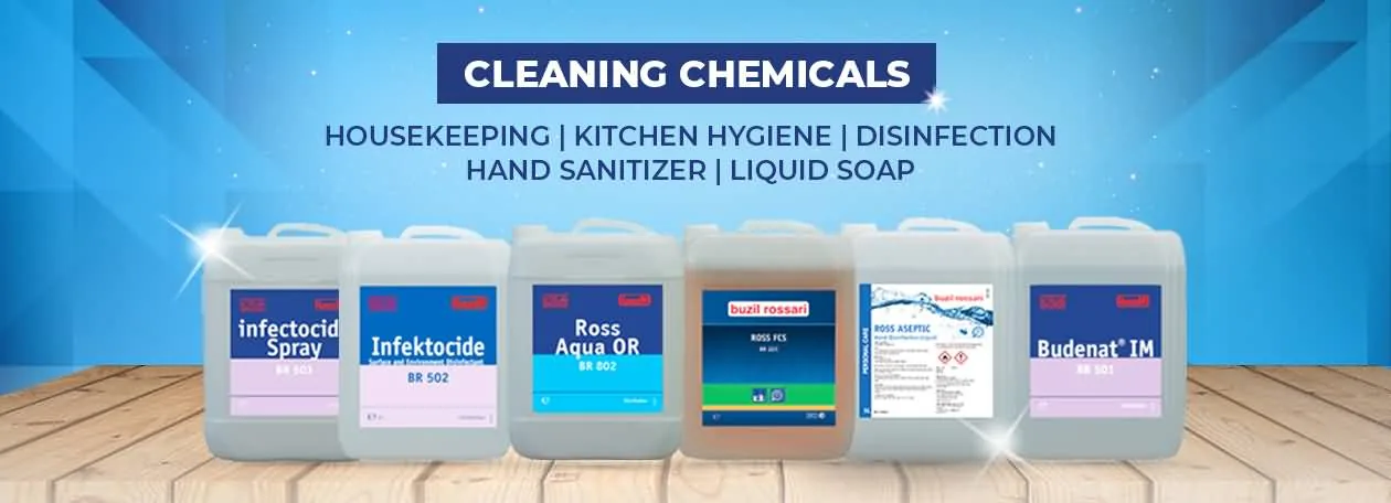 Cleaning chemicals for housekeeping, kitchen hygiene, disinfection, hand sanitizer and liquid soap
